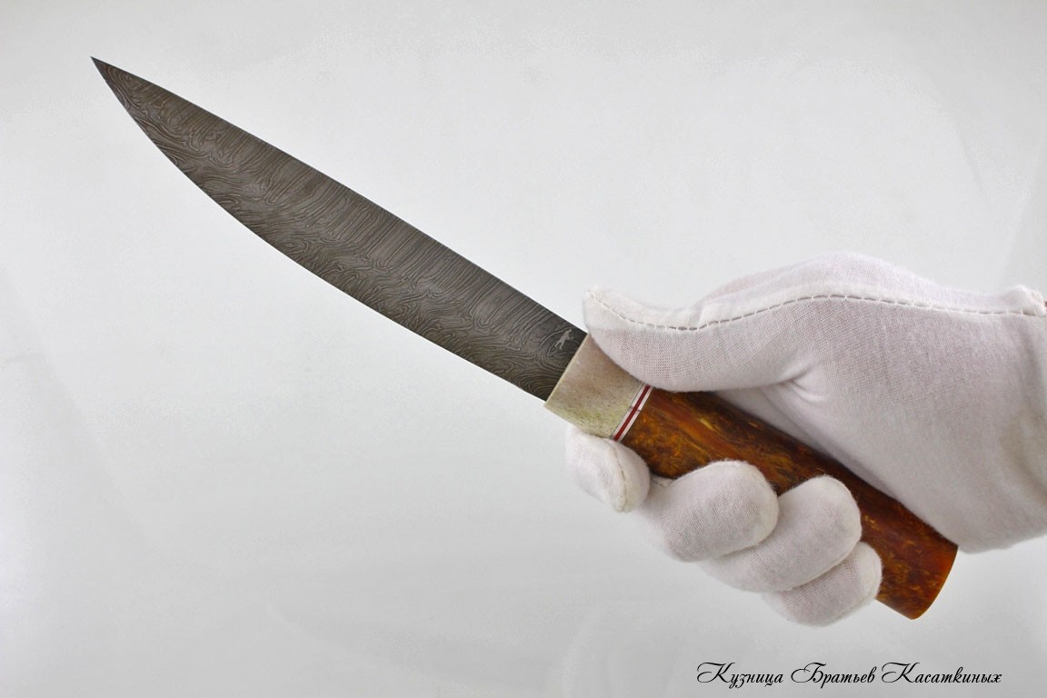 Якутский нож большой "Хотохон" дамасская сталь. Рукоять карельская береза(Янтарь).
