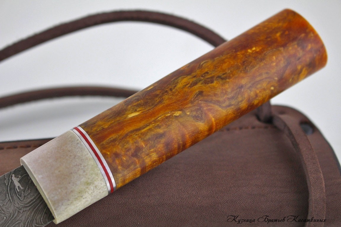 Якутский нож большой "Хотохон" дамасская сталь. Рукоять карельская береза(Янтарь).